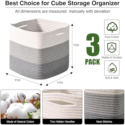 ICERZCZ 11 Inch Cube Storage Bins, Storage Cube Organizer Bins, Woven Cotton Rope Basket for Storage, Storage Baskets for Organizing Shelves, Grey Baskets for Toys, Gradient Grey (Pack of 3)