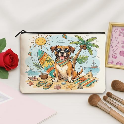 Cute Boxer Dog Makeup Bag, Coastal Beach Shells Cosmetic Travel Pouch for Women Girls, Portable Small Canvas Zipper Organizer, Pet Toiletry Bag 7x9 Inch