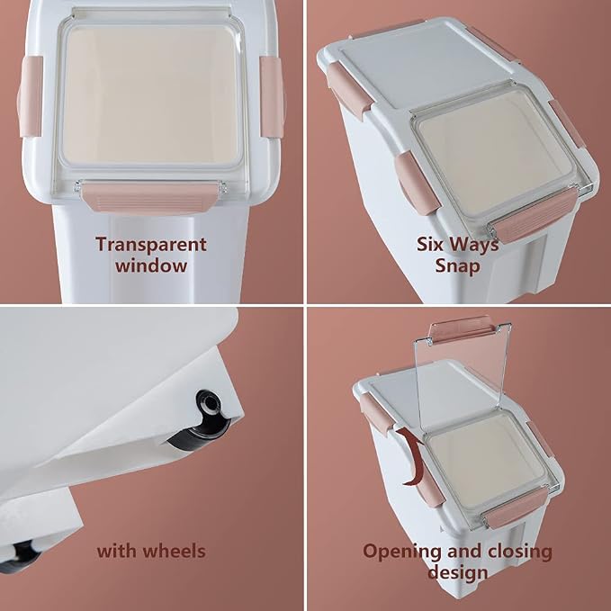 Airtight Flour Storage Container 25 lb Rice Storage Container with Wheels Seal Locking Lid, Food Containers with Measuring Cup& Scoop for Flour, Rice, Grain(Pink)