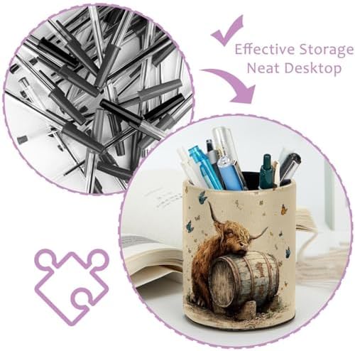 Faux Leather Pen Holder for Desk, Pencil Organizer Highland Cow Pen Cup Desk Decor Makeup Brush Holder Storage for Office Home