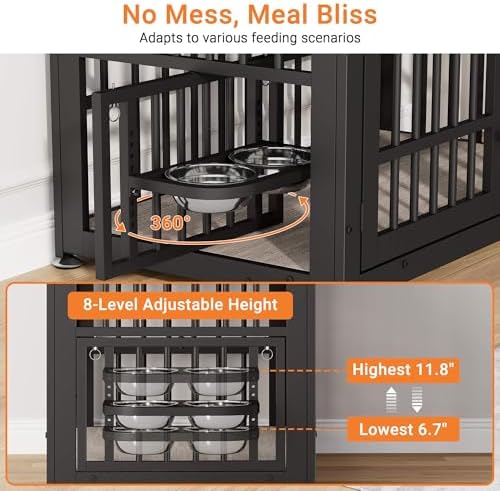 YaFiti 37.8" Dog Crate Furniture, Wooden Dog Kennel with Bowls, Grey | Adjustable Feeder, Name Tag, for Small/Medium Dogs, Chew-Resistant, Heavy Duty, Side End Table, Decorative Pet Cage