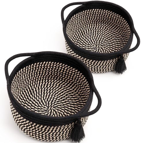 Small Gift Basket Empty to Fill, 2 Pack, Mini Woven Basket, Dark Brown | Cute Decorative Mini Rope Storage Baskets with Cellophane Bags & Ribbons; Two Sizes for Gifting, Bathroom Counter or Desk