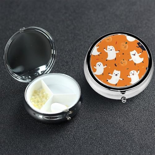 Pill Box 3 Compartment Medicine Pill Case for Pocket or Purse Mini Metal Pillcase Cute Halloween Pattern Pill Holder Vitamin Organizer Portable Travel Pills Container to Hold Supplements Vitamins