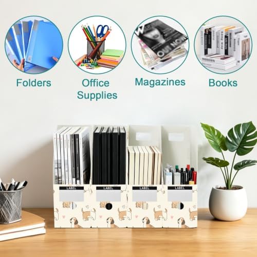 SPRIPORT Cartoon Pets Dogs Paw Pattern Water Resistant PP Magazine File Holder Organizer for Desk, Foldable Storage Rack for Library School Office Document Sorter with Labels 23x30x10cm (3 Pack)
