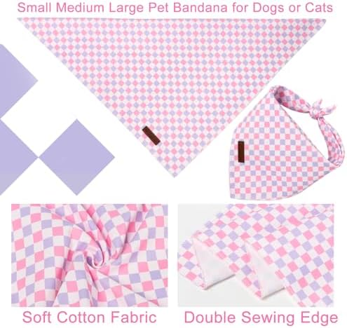 Purple Pink Checkered Dog Bandana, Spring Summer Plaid Puppy Bandana for Girl Female Dogs, Soft Cotton Pet Triangle Bid Scarf Kerchief for Girl Boy Dogs or Cats