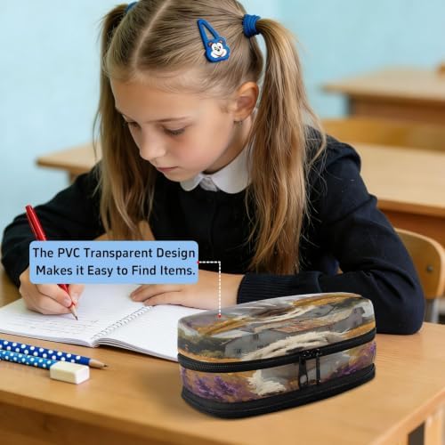SUABO Pet Dog Oil Painting Pencil Case Large Pen Stationery Bag | Pencil Pouch Stationery Organizer with Compartments, Transparent PVC Layer, School Office Supplies for Kids Adults