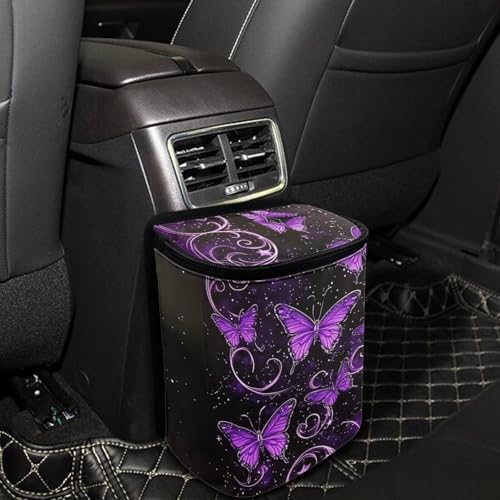DISNIMO Purple Neon Butterfly Car Trash Can with Lid Collapsible Reusable Car Garage Bag Trash Bin, Automotive Garbage Can,Car Accessories Interior Car Organizer, Black