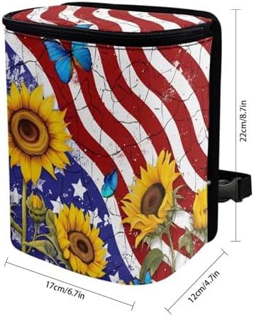 4th of July Car Trash Can with Lid Hanging Car Trash Bag Leak-Proof Portable Cars Garbage Bin Sedan Accessories Interior Cars Organizer, USA Flag Sunflower Print