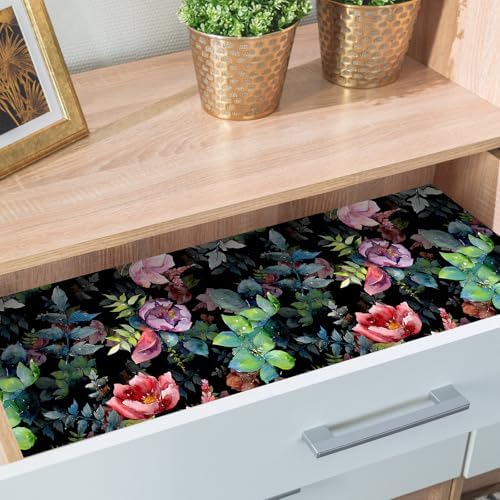 HAOKHOME Adhesive Shelf Liner Black Purple Floral Kitchen Drawer Liners | Peel and Stick Contact Paper Vintage Botanical Bathroom Cabinets Cupboard Dresser Drawers Furniture Decorative 17.3in x 6.5ft