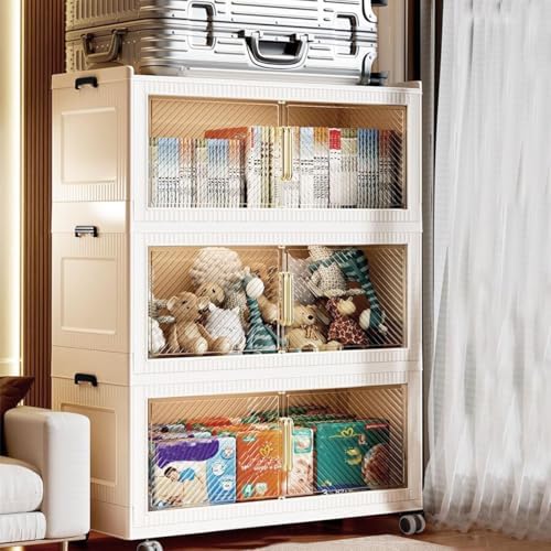 Stackable Storage Bins with Lid,147Gal Closet Organizers and Plastic Cabinets Shelves, Collapsible Drawers with PET Clear Doors, Foldable Boxes with Wheels for Home Office, 3Pack (590QT)