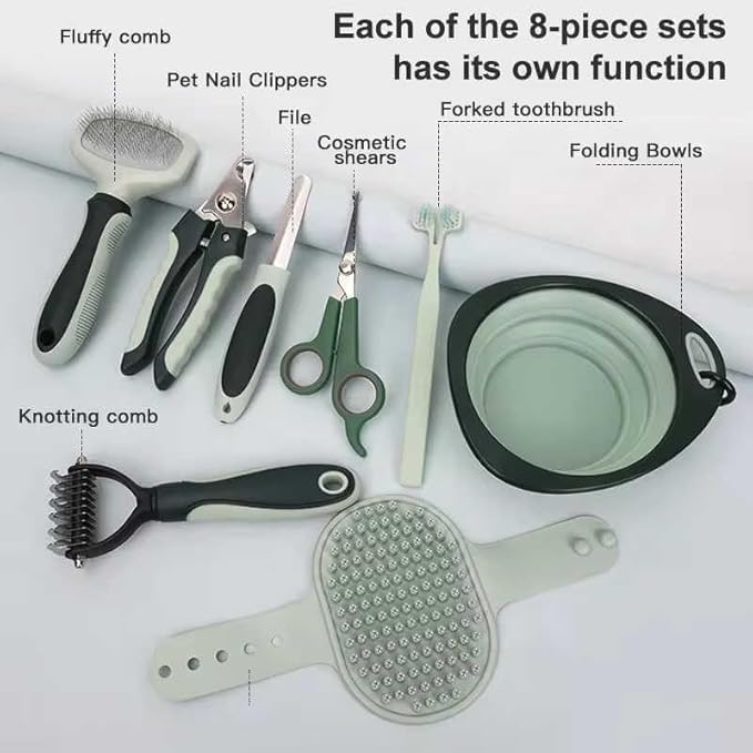 PetsBuzz 8 in 1 Pet Grooming Kit Brush, Cat Dog Grooming Kits at Home, Nail Clipper and File, Self Cleaning Deshedding Pet Brush,Undercoat Rake Detangler, Toothbrush, Collapsible dog Bowl