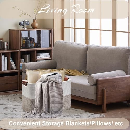 Large Cotton Rope Storage Basket with Leather Handles, Laundry Hamper Basket, 20 "L x 14" W x 12 "H, Durable & Stylish Organizer for Home.(Large Brown)