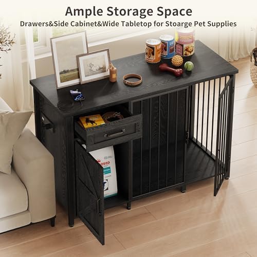 kepptory 30 Inch Dog Crate Furniture with Cabinet, Heavy Duty Farmhouse Dog Kennel with Charging Station, Wooden End Table TV Stand with 900 LBS Capacity and Adustable Feet