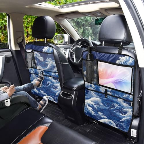 1 Pack Back Seat Car Organizer with Storage Pockets Kick Mats Back Seat Protector Hanging Car Organizer Automotive Seat Back Cover Organizers Japanese Deep Blue Sea Waves