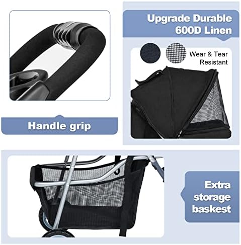 BestPet | 3-Wheel Foldable Pet Stroller | Black | Lightweight & Portable | Travel Carrier with Mesh Windows, Storage Basket, Cup Holder, Safety Brakes, and Waterproof Fabric | For Small Dogs and Cats