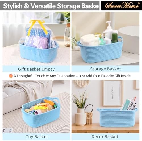 Large Empty Gift Baskets to Fill, Cute Woven Basket for Teen Girls, Women, Baby Shower - SweetMemo Decorative Small Toy Bin with Handles for Decor, Bathroom, with Gifting Bags and Ribbon, Sky Blue