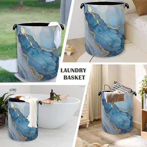 Blue Gold Marble Laundry Basket,Foldable with Handles Tote Bag Oxford Cloth for Bathroom Bedroom Dirty Clothes Storage Bucket 16" x 20.8"