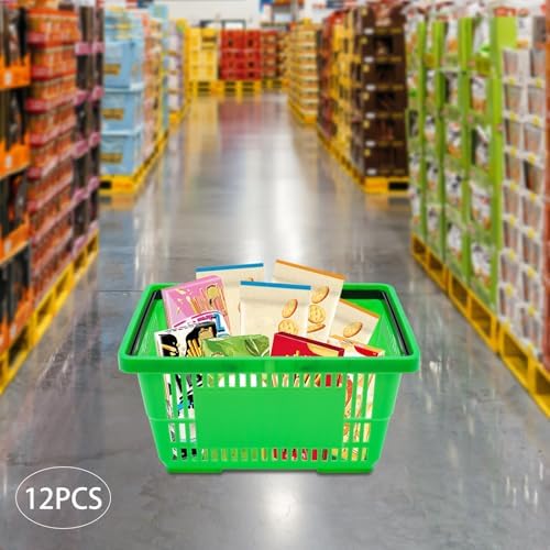 12 Pack Shopping Baskets with Handles, 18 L Plastic Shopping Cart(Green)