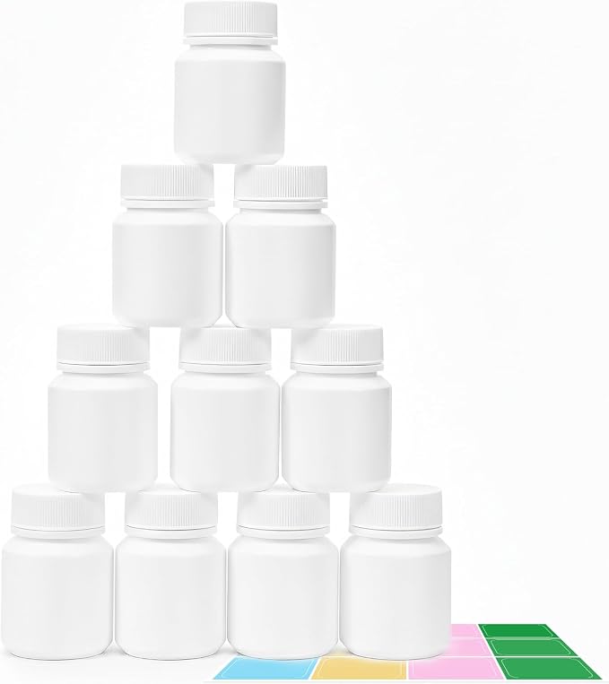 10 Pack 1.8oz Travel Pill Bottles - White Food Grade Plastic with Screw Caps & Labels, Small Pill Organizer for Pills, Vitamins, Capsules