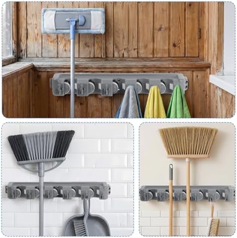 HOME MASTER HARDWARE (2 Pack 16 in Broom Mop Holder Garage Storage Organizer with 5 Racks 6 Hooks Adjustable Wall Mounted Storage Tool for Lanudry Garage Kitchen Garden