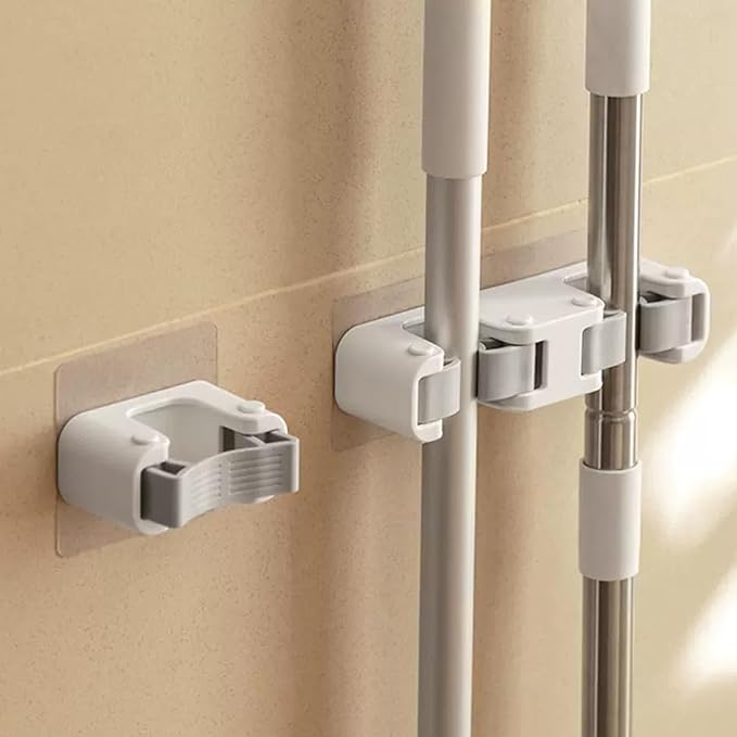 Broom Holder Wall Mount Self Adhesive, No-Drill Mop Grip Double Clip | Wall mount saves floor space, fits behind doors, bathroom corners, balconies.(Double clip)