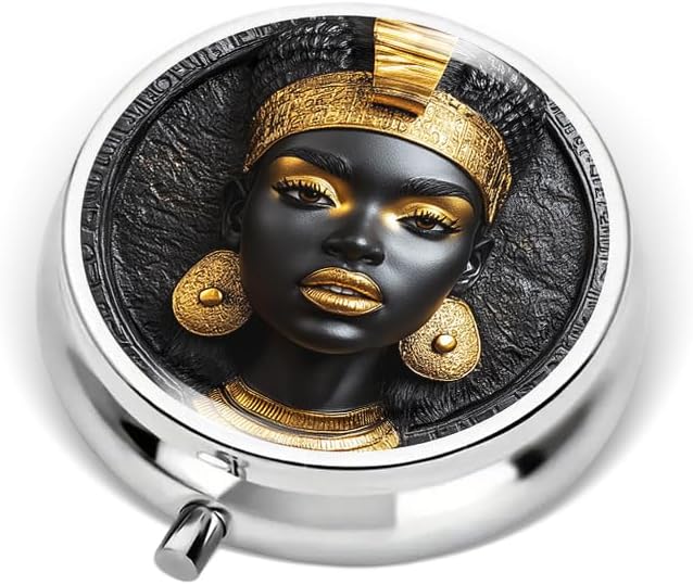Portable Round 3 Compartment Metal Pill Box Black and Gold Pharaoh Head Wall Art for Travel Medication Organization Home Storage and Stylish Gifts