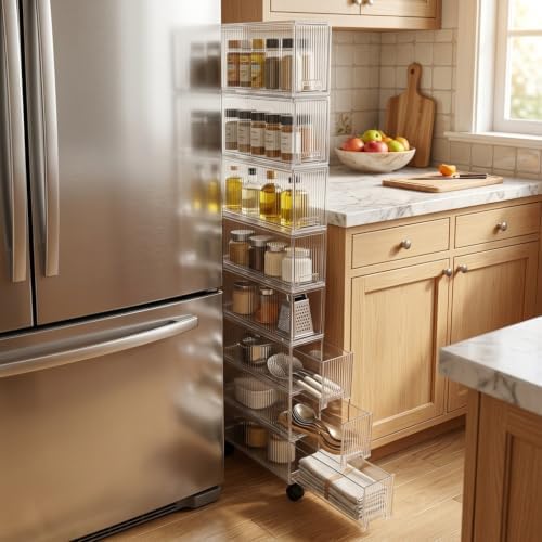 Slim Storage Cabinet with Wheels, Space Saving Narrow Rolling Cart, Thickened PET Transparent Drawer Organizer, Mobile Bathroom for Small Spaces Kitchen Laundry(Clear White,5.9*15.9*31in)