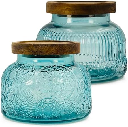 Decorative Blue Glass Jars with Airtight Wooden Lids 2 pack, 40 fl. oz | Wide mouth vintage storage canister, kitchen pantry bathroom organization, coffee sugar tea cookie candy candle vase gift