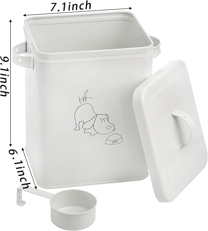 SOUJOY Pet Treat and Food Storage Bin with Lid and Scoop, 5LBS White Vintage Farmhouse Storage Tin, Coated Carbon Steel Canister, Gift for Dogs Owners