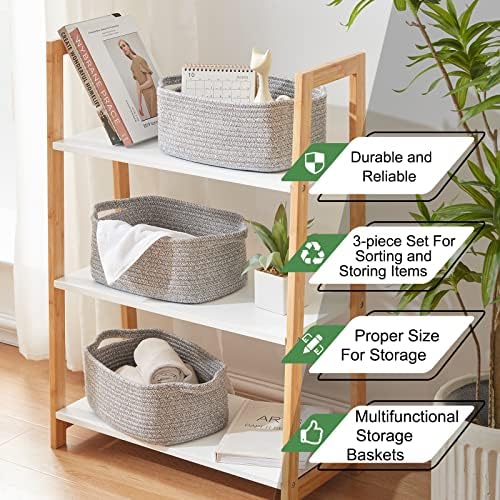 OIAHOMY 3 Pack Storage Baskets for Shelves Cotton Rope Storage Bins Grey | Woven Baskets for Storage Nursery Storage Basket with Handles Baskets for Organizing Small Baskets Gift Baskets Empty