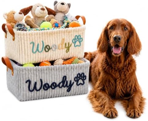 KALOTOYS Personalized Dog Toy Basket with Pet Name, Custom Corduroy Pet Storage Bin with Knitted Name and Icon, Dog Cat Toy Organizer for Toys Treats Accessories