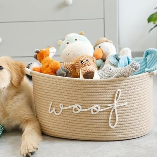 Triangle Woven Pet Toy Storage Bin with Carry Handle | Spacious organizer for dog toys, blankets and pet accessories, convenient storage bin to tidy up your pet supplies at home.
