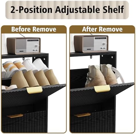 KIGOTY Narrow Shoe Storage Cabinet, Shoe Cabinet with 2 Flip Drawers, Freestanding Shoe Organizer with Legs for Entryway, Slim Shoe Rack Cabinet for Enterway (Black-Gold, 2 Flip Drawer)