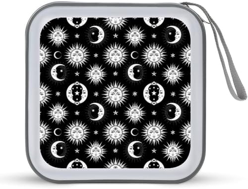 Protective DVD Case Holder Black And White Crescent Moon Sun And Moon, 40-Capacity Hard Plastic Binder with Zipper, Portable CD Organizer for Car Home