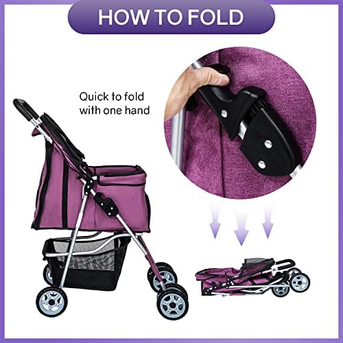 BestPet | 4-Wheel Foldable Pet Stroller | Purple | Lightweight & Portable | Travel Carrier with Mesh Windows, Storage Basket, Cup Holder, Safety Brakes, and Waterproof Fabric | For Small Dogs and Cats