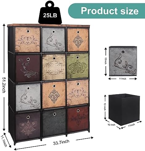VASICAR Tall Fabric Dresser for Bedroom, Vintage Cube Organizer Shelf | 12-Drawer Storage Tower Unit, DIY Shelves and Drawers for Closet, Nursery, Hallway, Entryway