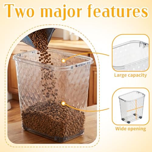 DRATO Pet Food Storage Container with Sealed Lid, Transparent Large Capacity Resin Bin for Dry Food, Treats, and Supplies, Includes Measuring Cup and Slow-Feed Bowl