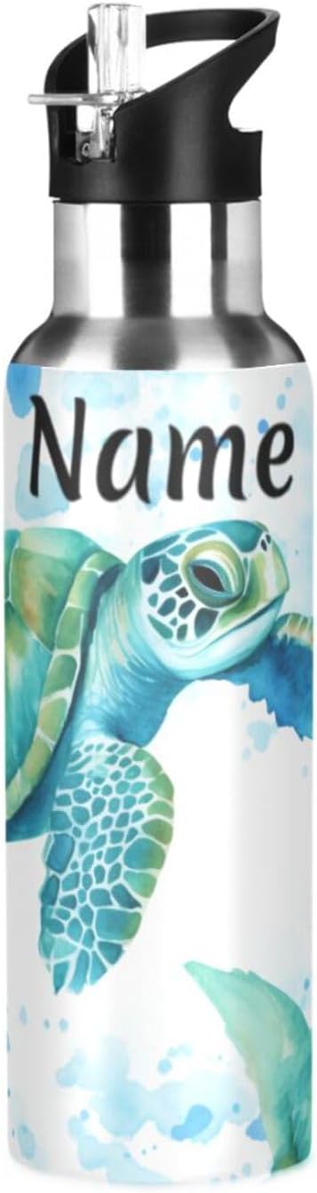 Custom Name Sea Turtles Teal Water Bottle with Straw Lid Kids Insulated Stainless Steel Water Flask Sports, 20 Oz Hot Cold
