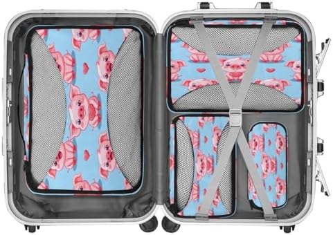 Kawaii Pig 4 Set Packing Cubes Luggage Organizer Bags for Travel Accessories and Essentials, Cartoon Pig