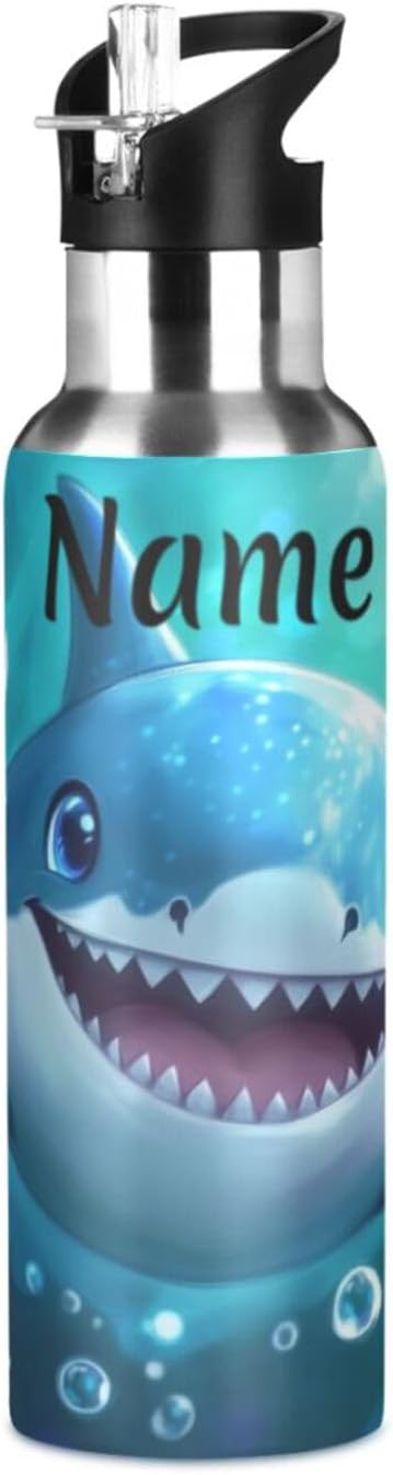 Custom Name Cute Blue Shark Bubbles Water Bottle with Straw Lid Kids Insulated Stainless Steel Water Flask Sports, 20 Oz Hot Cold