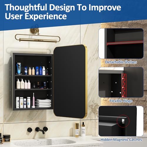 ACEMIRO 20x28 Inch Gold Recessed Medicine Cabinet with Mirror Metal Framed Surface Wall Mounted Bathroom Medicine Cabinet Mirror with Storage