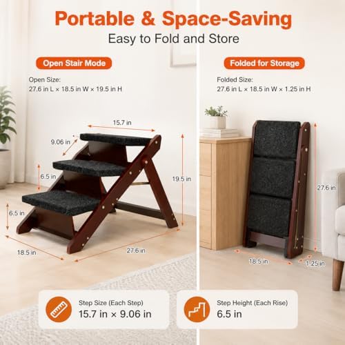 Dog Stairs for Bed, Foldable Pet Steps for Small Dogs, Cats & Senior Pets, 3 Steps Wooden Steps for Couch, Dog Stairs for Car, 110 lb, Brown