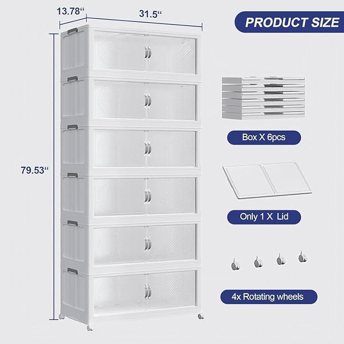 240GAL Plastic Storage Bins with Lid, 960QT Extra Large Stackable Closet Organizers and Storage, Collapsible Storage Boxes with Wheels, Folding Cabinet for Home Kitchen Office, 6Pack White