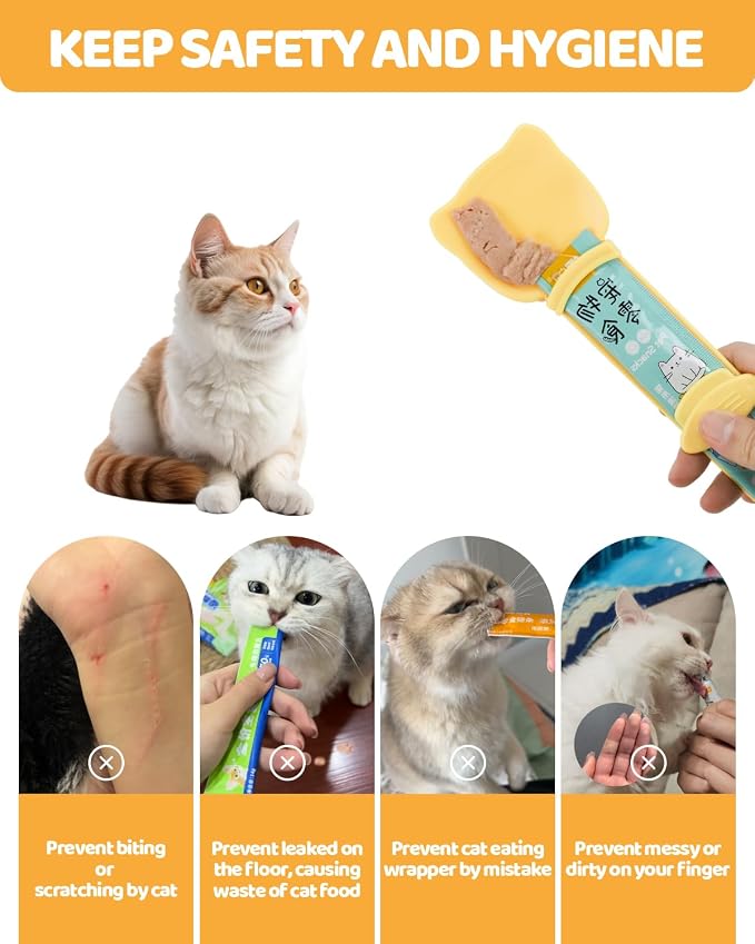 5 PCS Cat Food Can Covers Lids Set, Silicone Pet Food Can Lids with Multi-Function Cat Food Spoon and Opener, Cat Bar Squeezer, Stainless Steel Wet Food Spoon for Cats and Dogs(Yellow)