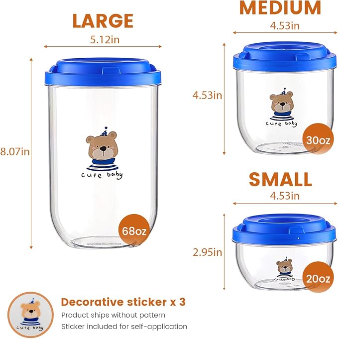 3-Pack Airtight Dog Treat Container Set - Clear Plastic Pet Food Storage Canisters for Kitchen Counter Pantry Organization - Small Stackable Jars for Cat Snacks, Bird Hamster Food, Blue Lids