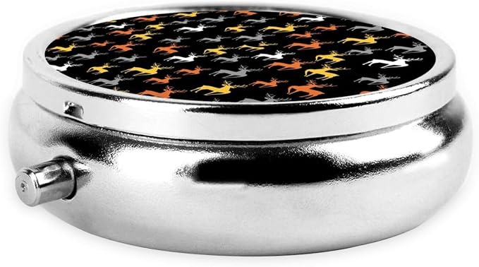 Pocket Pill Box, Waterproof Round Dispenser, Portable Mini Case for Supplements, Daily Use Organizer for Active Lifestyles, Retro Style Reindeer Deer Black