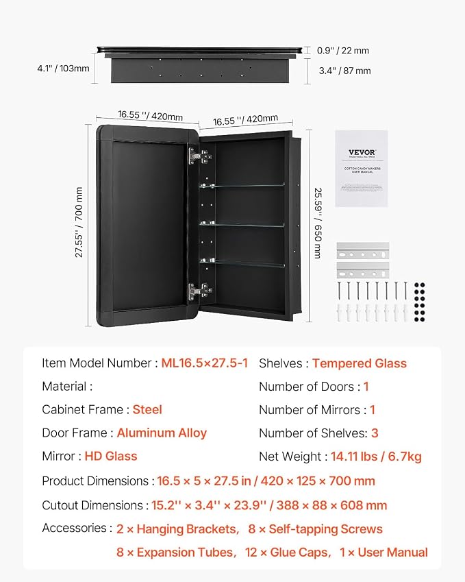 VEVOR Medicine Cabinet, 16.5 x 27.5 inch, Medicine Cabinet for Bathroom with Mirror, Aluminum Frame Bathroom Wall Cabinet, 3-Layer Adjustable Shelves, Recessed & Wall-Mounted Installation