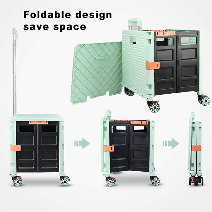 Foldable Utility Cart Folding Portable Rolling Crate Handcart Shopping Trolley Wheel Box with Lid Wear-Resistant Noiseless 360°Rotate Wheel for Travel Shopping Moving Storage Office Use (Green)