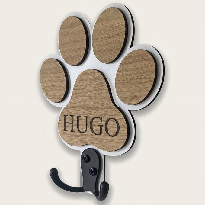 Personalized Dog Lead Holder, Natural Wood Pet Hook Paw Print Hook for Wall Keys, Customized Dog Leash Organizer for Collars and Coats, Pet Accessory for Home Decor‌