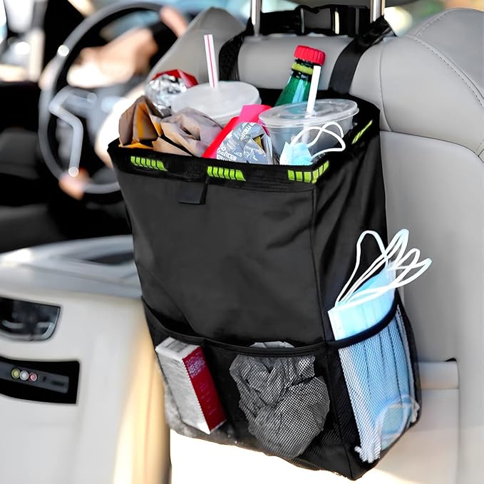 Fekey&JF Foldable Hanging Car Trash Can with Storage Pockets, Blue | waterproof lining, hanging strap, Velcro closure, fits most sedans, SUVs, and trucks, car interior accessories